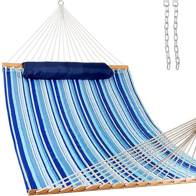 Lazy Daze 12 FT Quilted Fabric Double Hammock with Spreader Bars and Detachable Pillow, 2 Person Hammock for Outdoor Patio Backyard Poolside, 450 LBS Weight Capacity, Mixed Blue Stripes