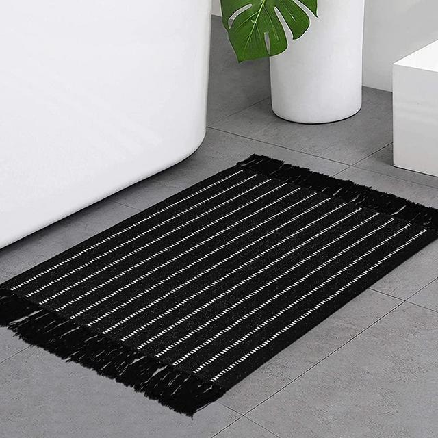 Boho Black Bathroom Rug,2’x3’ Cotton Striped Kitchen Sink Rug with Tassel Woven Bath Mat Machine Washable Indoor Doormat Doorway Carpet for Laundry Bedroom Living Room