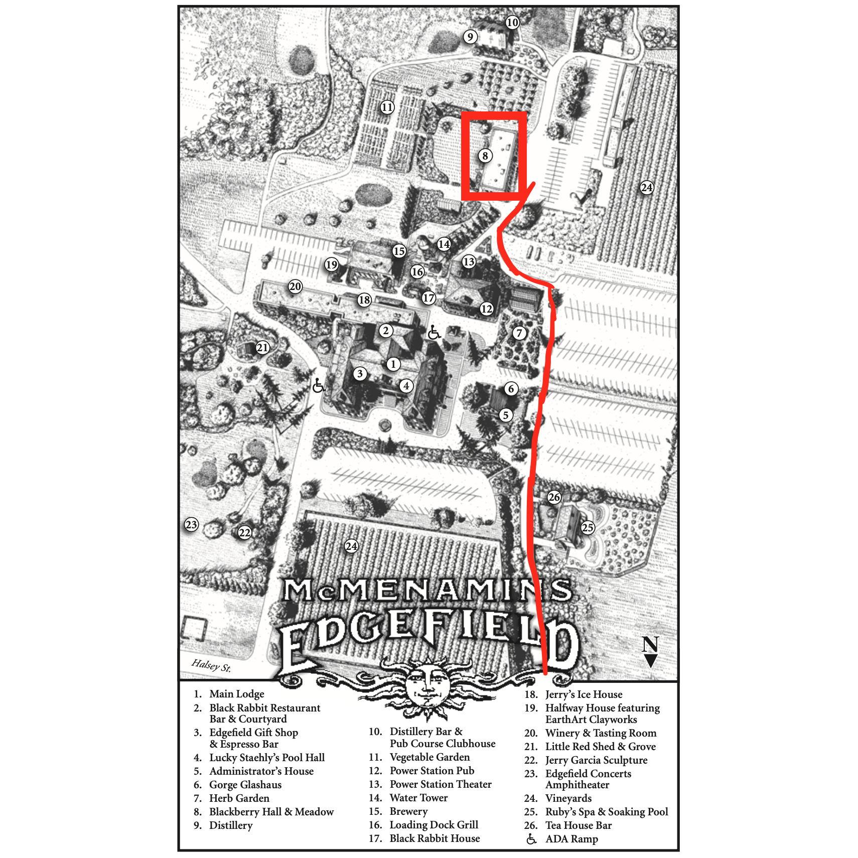 Directions to Blackberry Hall after you turn off Halsey into Edgefield