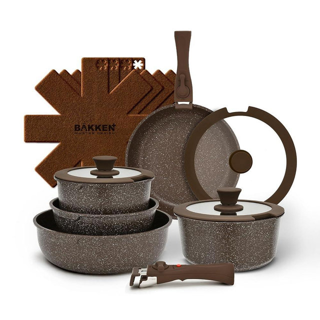 Bakken- Swiss Kitchen Cookware Set - Nonstick Granite Coating, Pots and Pans with Handles and Tempered Glass Lids, PFOA, PFOS, PTFE Free, Ceramic Max Temperature (Up To 500° F), Set of 15 - Dark Gray