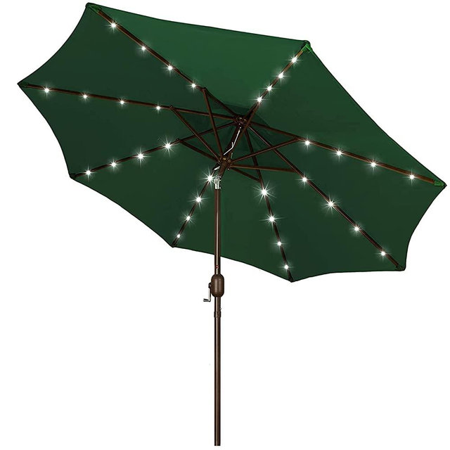 Blissun 9 ft Solar Umbrella, 32 LED Lighted Patio Umbrella, Table Market Umbrella, Outdoor Umbrella for Garden, Deck, Backyard, Pool and Beach (Dark Green)