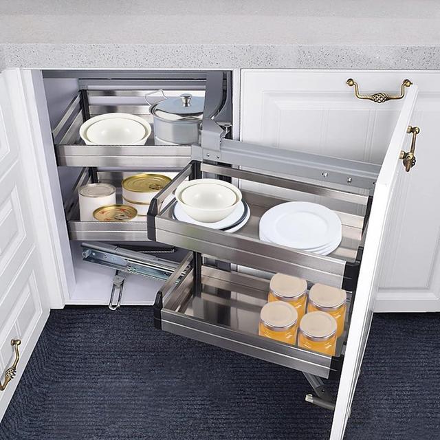Blind Corner Cabinet Pull Out Organizer, 15 Inch Pull Out Blind Corner Cabinet Organizer Right Swing, Hidden Corner Cabinet Slide Out Shelves with 2 Tier 4 Shelf, Chrome Blind Corner Soft Close