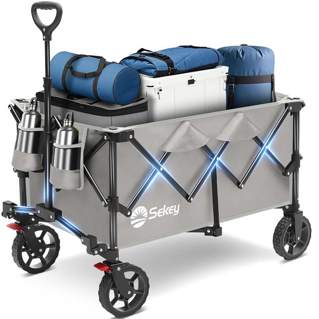 Sekey Collapsible Foldable Wagon with 330lbs Weight Capacity, Heavy Duty Folding Wagon Cart with Big All-Terrain Wheels & Drink Holders. Gray