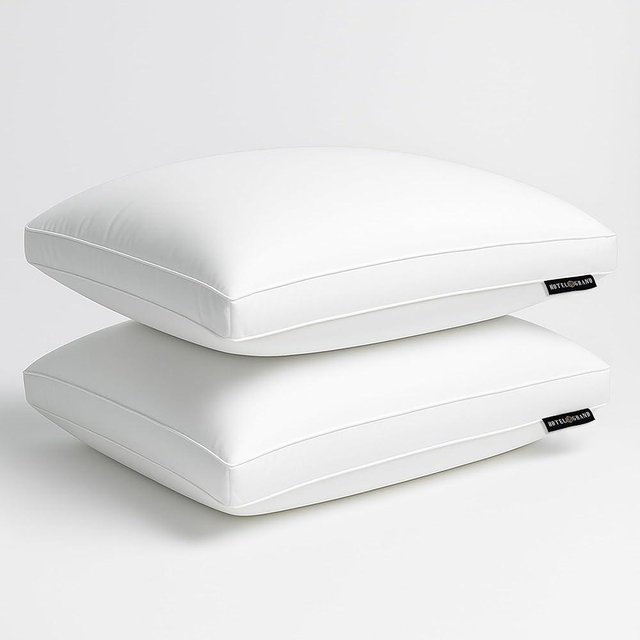 Hotel Grand Goose Feather Down Fiber Bed Pillows Queen/Standard Size Set of 2, 100% Cotton Cover, Medium Firm Hotel Collection Gusseted Pillows for Back, Stomach or Side Sleepers, 18"x26", White