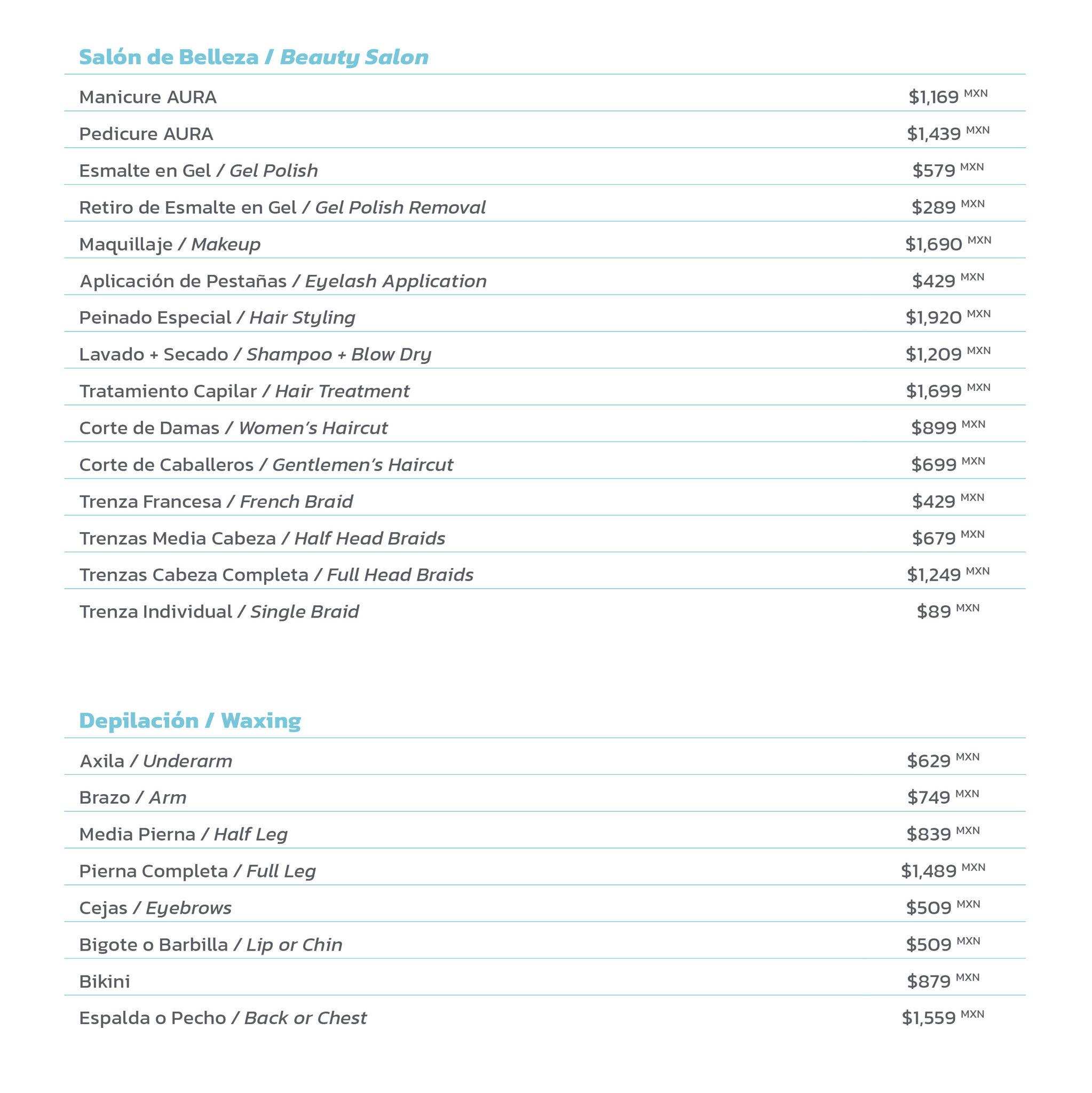 Salon Prices: Call +52 998 881 55 00 Ext. 2058 to reserve.