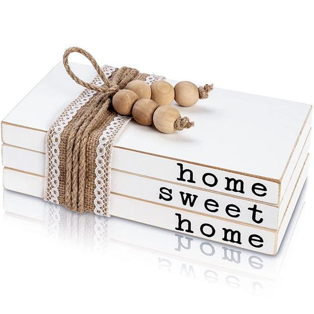 Wooden Decorative Books for Your Home Sweet Home - Farmhouse Book Decor for Fireplace Mantle - Stack of 3 Faux Books for Decoration - Fake Decor Books for Coffee Table, Rustic Bookshelf or Entryway