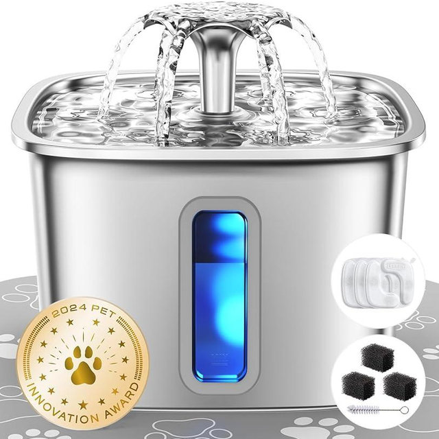 Veken Innovation Award Winner Stainless Steel Cat Water Fountain, 108oz/3.2L Automatic Pet Fountain Dog Water Dispenser with 3 Replacement Filters & Silicone Mat for Cats, Dogs, Multiple Pets (Silver)