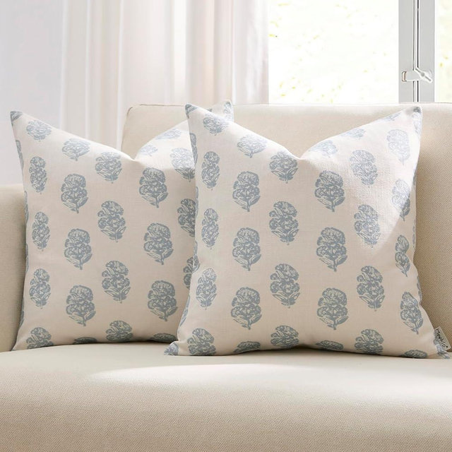 Meekio Set of 2 Blue and White Patterned Pillow Covers 20x20, Coastal Farmhouse Block Print Decorative Throw Pillow Covers for Couch Sofa Bed, Linen Blend Cushion Covers Living Room Decor