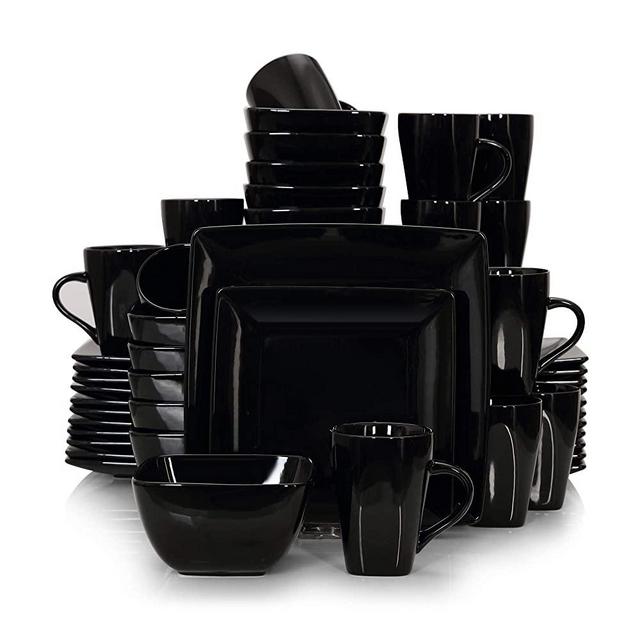 vancasso Soho Stoneware Square Dinner Set Black 48 Piece Kitchen Dinnerware Service Plate Crockery Set with 16-Piece Dinner Plates, Dessert Plate,Bowls and Mugs, Service for 12