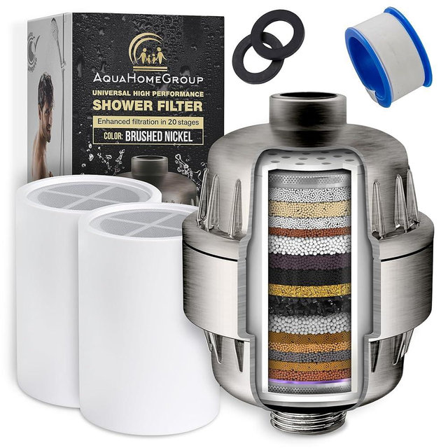 AquaHomeGroup 20 Stage Shower Head Filter with Vitamin C E A for Hard Water - High Output Filter to Remove Chlorine and Fluoride - 2 Replacement Cartridges - Consistent Flow Showerhead Filter