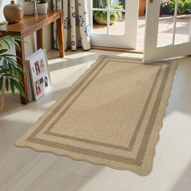 LIVEBOX Scalloped Easy Jute 3x5 Outdoor Rug, Washable Non-Slip Geometri Tan Rugs for Entryway, Indoor Outdoor Farmhouse Rug Morden Carpet Door Mat Area Rug for Bedroom Living Room Kitchen