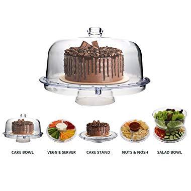 Homeries Multi-Purpose 6 in 1 Cake Stand with Dome Lid - Multifunctional Serving Platter and Cake Plate - Use as Salad Bowl/Veggie Platter/Punch bowl/Desert Platter/Nachos & Salsa Plate