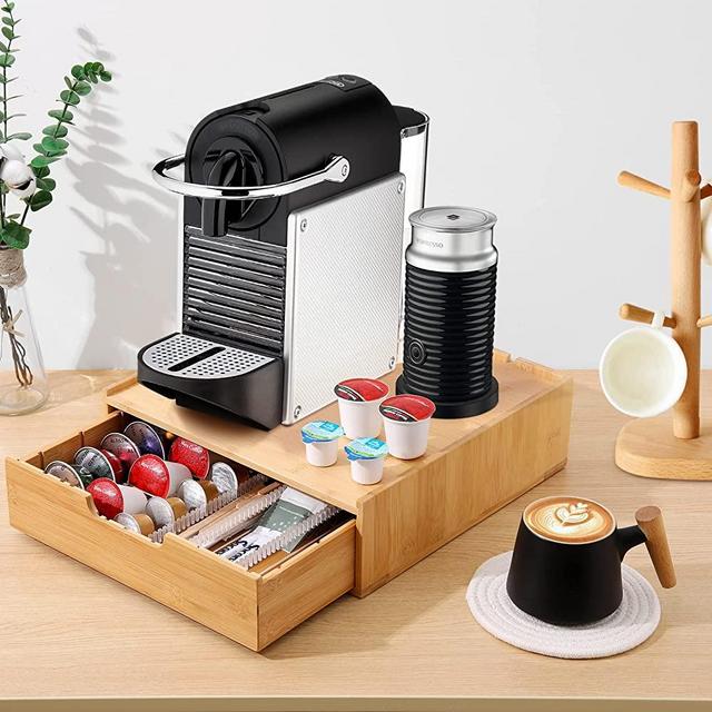 Ollieroo Coffee Pod Storage Drawer for K cup, Nespresso VertuoLine and OriginalLine pods, 30-60 Capacity Coffee Station, Bamboo Coffee Pod Holder Coffee Accessories