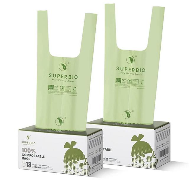 SuperBio 13 Gallon Compostable Handle Tie Trash Bags, 30 Count, 2 Pack, Leakage Proof Tall Kitchen Garbage Bags Certified by BPI and OK Compost, 49.2L, 0.87 Mil