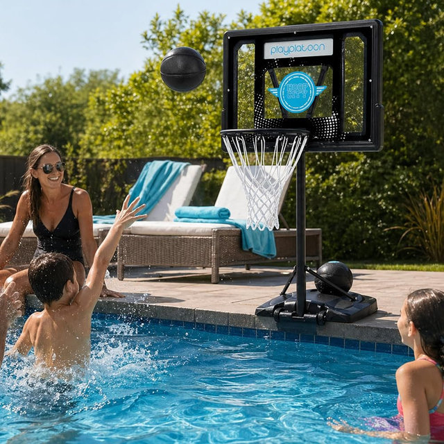 Play Platoon Swimming Pool Basketball Hoop Poolside Above Ground Games for Family - Backboard Adjustable Height 3-4 Feet, Includes PU Leather Basket Ball & Air Pump - Great for Inground Pool Deck