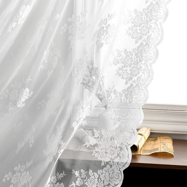 Kotile Lace Curtains 84 Inches Long - Floral Embroidery Country Lace Sheer Curtains for Living Room, Scalloped Trim Tulle White Sheer Lace Curtains for Windows, 52 x 84 Inch, 2 Panels, White