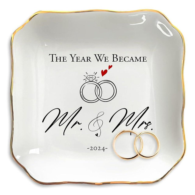 OASSIE Anniversary Wedding Gifts for Her Wife - 4"x4" Ceramic Jewelry Dish Tray - Engagement Newlyweds Couples Gifts for Women Her Wife, Mr and Mrs Decorative Trinket Dish