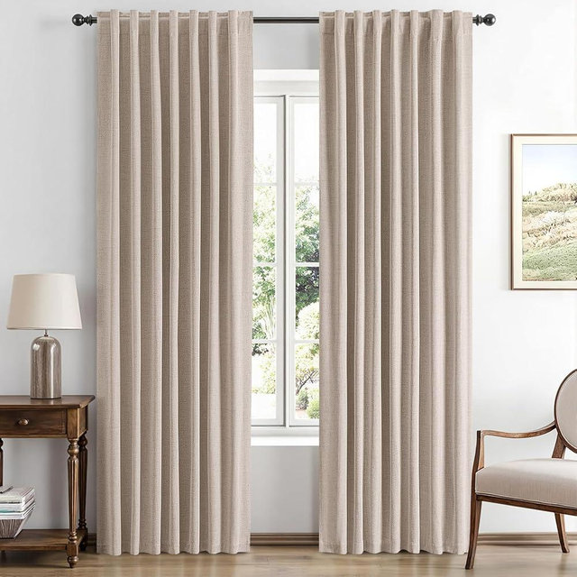 MIULEE 100% Blackout Linen Curtains for Bedroom, Beige Solid Luxury Decor Thermal Insulation Room Darkening Draps for Living Room Nursery Back Tab Rod Pocket 42 x 84 Inches, 2 Panels