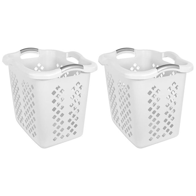 2-bushel capacity laundry baskets with silver handles, white, 2-pack