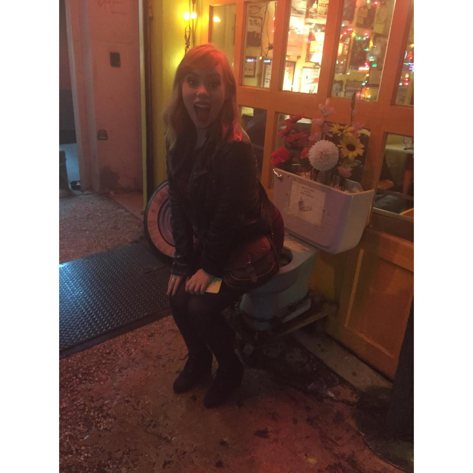 After our 'dine-and-dash' 1st date scandal, we went to Trailer Park Bar -- a classy establishment with a toilet outside the bar. More margs were consumed and I made Blake snap this gem.