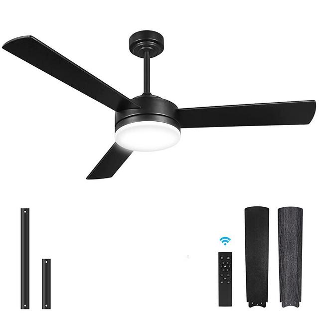52 Inch Ceiling Fans with Lights and Remote, Outdoor Black Ceiling fan, Modern 3 Wood Fan Blades,20W 3-color LED Light, Smart Timer Noiseless Reversible DC Motor Ceiling Fan for Bedroom/Living Room