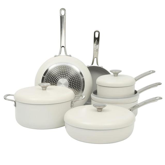 Sur La Table Kitchen Essentials Potluck Porch 10 Piece PFA Free Ceramic Non stick Interior Forged Aluminum Cookware Pots and Pans Set W/Aluminum Lids - Linen White - Induction Compatible