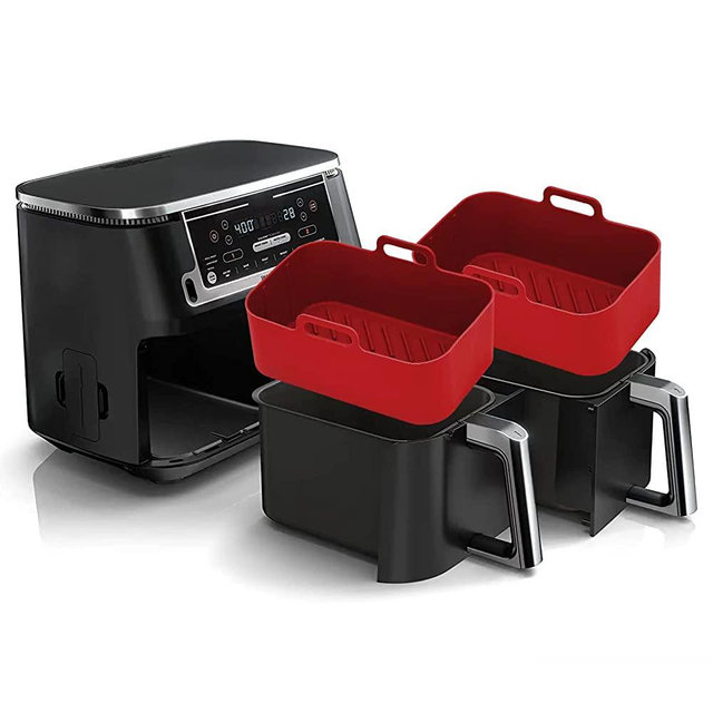 2Pcs Air Fryer Silicone Pot Rectangular for Ninja Foodi Dual DZ201 8QT, MMH Reusable Silicone Airfryer Liner Replacement Baking Tray Basket Insert | Non-stick | Easy Cleaning | Food Safe | Red