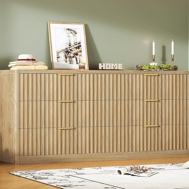 TEENFON 56.3'' Dresser for Bedroom with 6 Drawers, Dressers & Chest of Drawers with Curved Profile Design, 6 Drawer Dresser, Fluted Dressers, Wood Dressers for Bedroom, Living Room, Natural