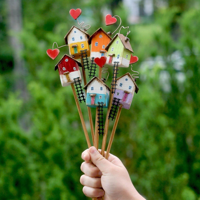 Handmade Mini House on Stick with Heart – Plant Pot Decoration – Whimsical Cottagecore Gift – Wooden House Pick, Plant Lover Gift Idea