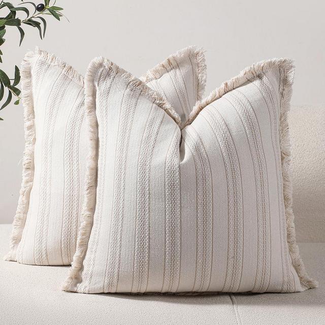 Striped Farmhouse Pillow Covers 20x20 Set of 2 Khaki and Beige Throw Pillow Covers with Fringe Chic Accent Cotton Decorative Square Pillows Covers for Sofa Couch Bed Living Room Boho Decor