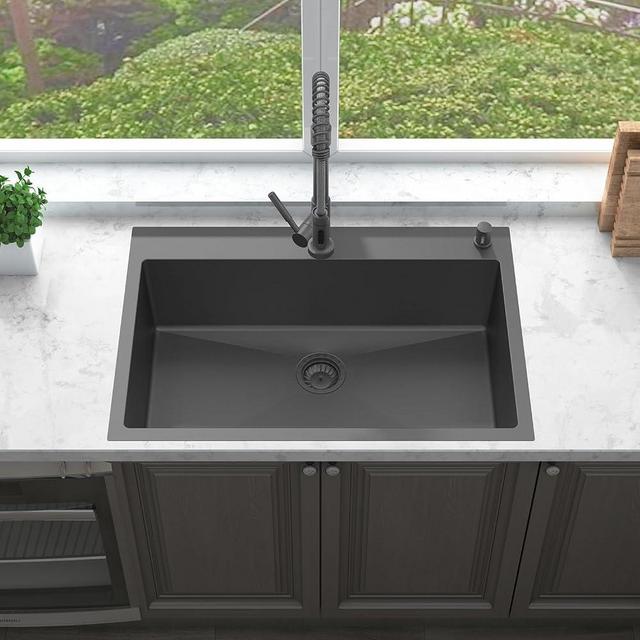 Sinber 33" x 22" x 9" Drop In Single Bowl Kitchen Sink with 18 Gauge 304 Stainless Steel Black Finish HT3322S-9-B (Sink Only)