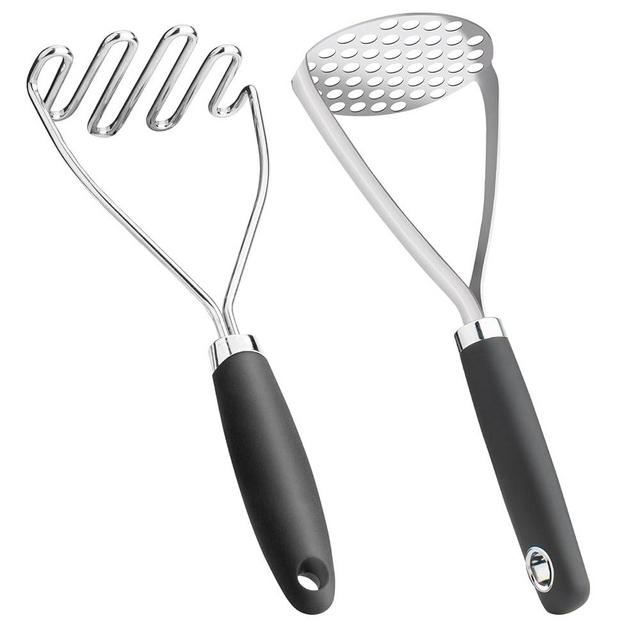 Potato Mashers Set of 2 Pieces, 10.25-Inch Stainless Steel Mashed Potato Masher, Kitchen Gourmet Making Tools Professional Integrated Honeycomb, For Vegetable, Fruit, Melon, Potato Etc, Black
