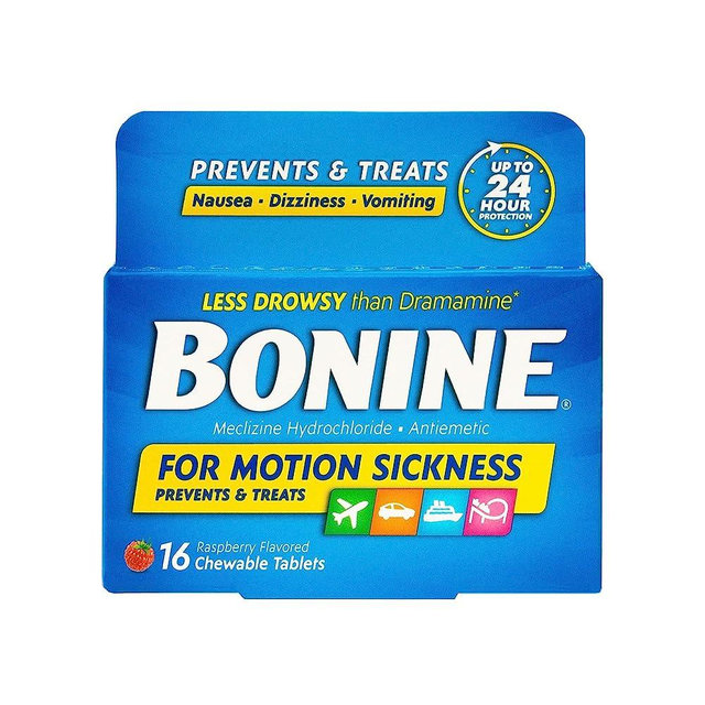 Bonine Non-Drowsy Motion Sickness Relief - Chewable Tablets with Meclizine HCL 25mg - Non Drowsy Medicine for Nausea or Motion Sickness - Cruise Essentials - Raspberry Flavor, 16 Chewable Tablets