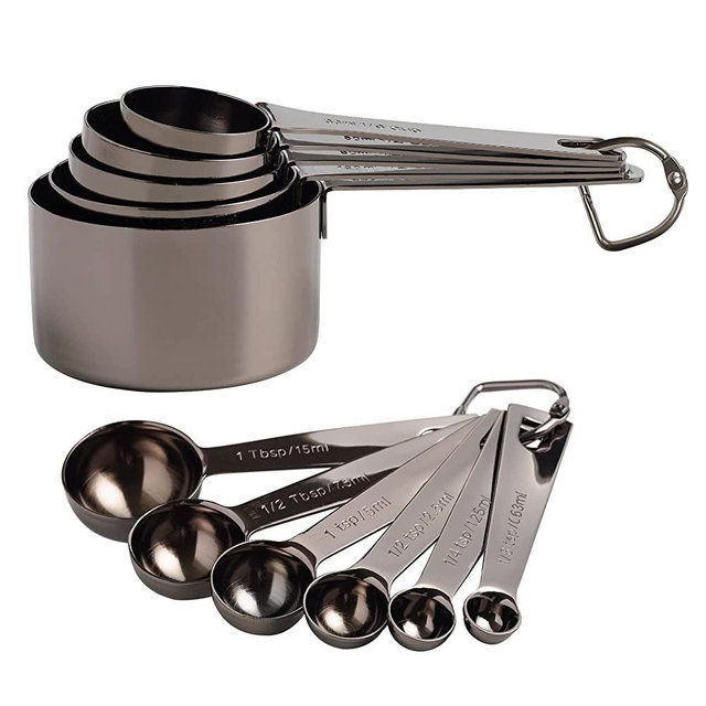 Black Measuring Cups and Spoons Set of 11, Plated 18/8 Stainless Steel 5 Measuring Cups and 6 Measuring Spoons for Measuring Dry & Liquid Ingredients for Kitchen Cooking Baking, Gift Measuring Set
