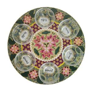 Seder Plate, Hand-Painted Wood with Glass Bowls, Lotus and Lilypad, #66