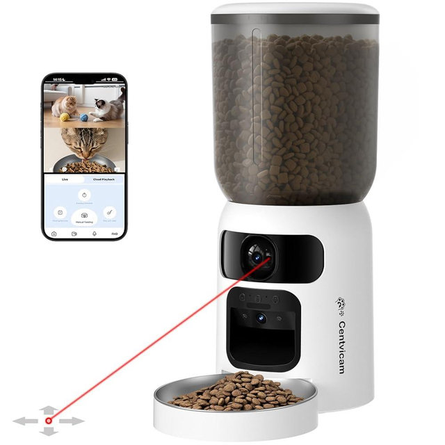Centvicam Automatic Cat Feeder with Dual 2K HD Camera, Smart Pet Food Dispenser for Timed Meals, APP Control Laser Interactive Toy Treat Feeders with 2.4G / 5G WiFi, White