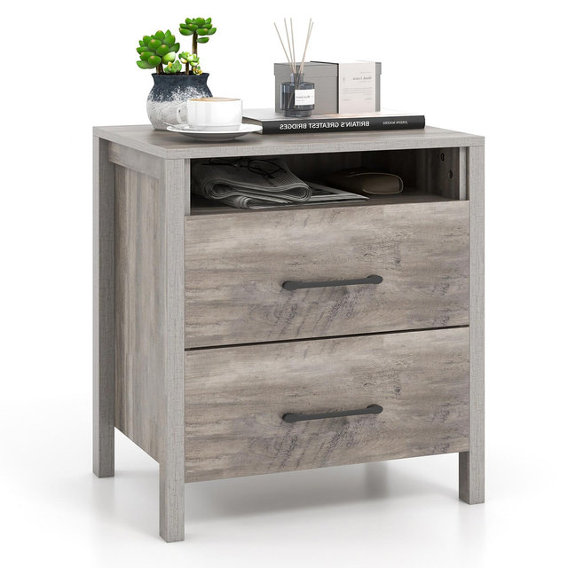 Tangkula Nightstand w/ 2 Drawers Farmhouse Bed Side Table w/ Open Storage Shelf