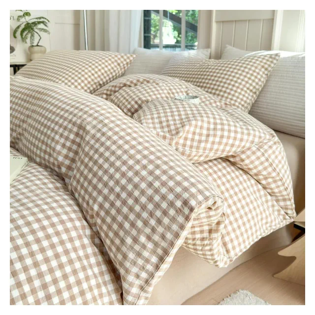 BALHAM TRADE-Tan Gingham Comforter Set King 3 Pieces, Soft Fluffy Grid Checkered Bedding Set A1#03 Tan Gingham King
