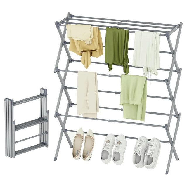 STARLATTA Foldable Drying Rack Clothing, 3-Tier Portable Clothes Drying Racks for Indoor & Outdoor, Anti-Rust Compact Laundry Rack Collapsible, Grey 28" D x 10" W x 35" H