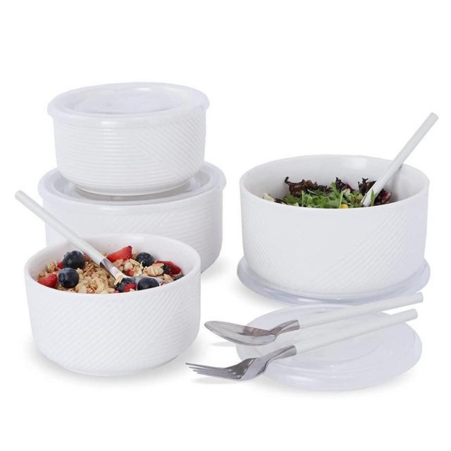 Adewnest Cereal Pasta Salad Bowls: Ceramic Bowls Set with Lids & Dinner Spoon Fork for Cereal Salad Pasta Soup Fruit Stew - Perfect Large Storage Bowls for Working Lunch & Picnic (White)