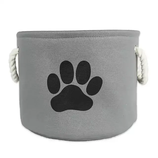 Gray Paw Print Round Basket with Handles
