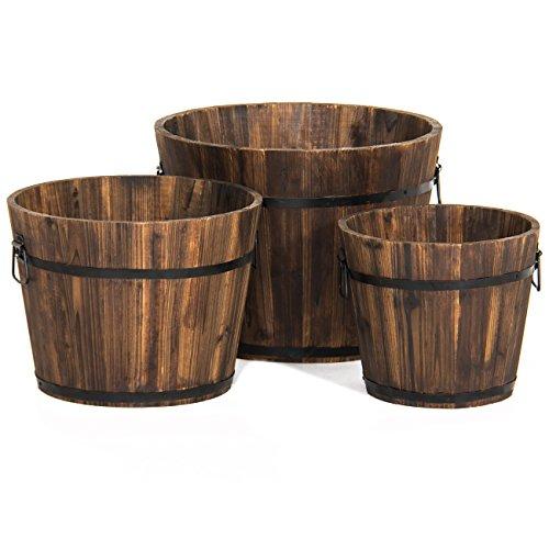 Best Choice Products Set of 3 Indoor Outdoor Patio Garden Wooden Barrel Planters w/Drainage Holes and Side Handles, Brown