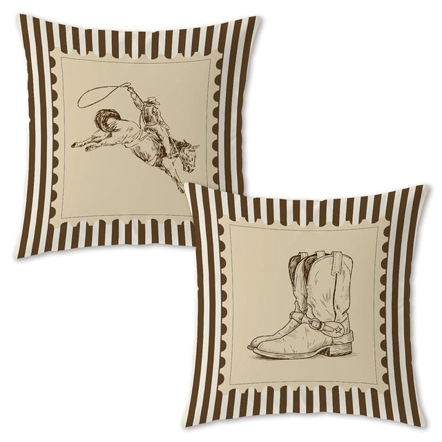 Trenstise Western Cowboy Pillow Covers 18x18 Set of 2, Western Room Decor, Vintage Striped Rodeo Horse Rider Cowboy Boots Decorative Throw Pillow Cover for Home Bedroom Living Room Office