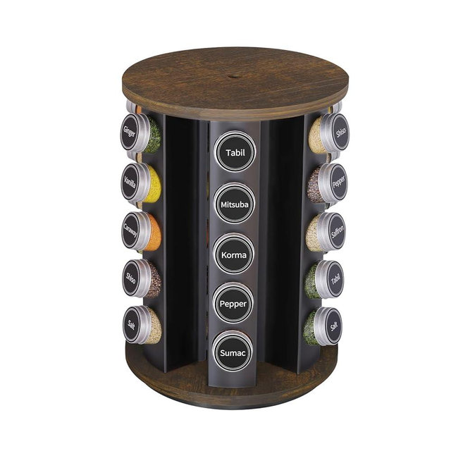 New England Stories Revolving Spice Rack Set with 30 Spice Jars, Kitchen Spice Tower Organizer for Countertop or Cabinet - Carousel Storage Includes 386 Spice Labels