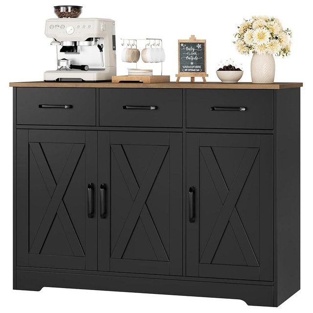 HOSTACK Modern Farmhouse Buffet Sideboard Cabinet, Barn Doors Storage Cabinet with Drawers and Shelves, Wood Coffee Bar with Storage for Dining Room, Kitchen, Living Room, Black/Rustic Brown