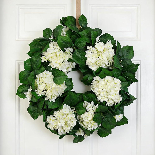 22" White Hydrangea Wreath for Front Door Decor – All-Season Faux Greenery Wreath for Spring, Easter, Wedding & Farmhouse Style Home Décor