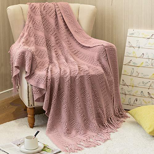 jinchan Chunky Throw Blanket Pink Soft Knit Mesh Tassels Style Indoor Outdoor Travel Warm Coverlet for Sofa Comforter Couch Bed Recliner Living Room Bedroom Nursery Gift Winter 50 x 60 inch