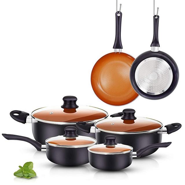 FRUITEAM 10pcs Cookware Set Ceramic Nonstick Soup Pot, Milk Pot and Frying Pans Set, Copper Aluminum Pan with Lid, Induction Gas Compatible, 1 Year Warranty Mothers Day Gifts for Wife…