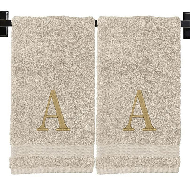 Custom Luxury Towels Monogrammed Hand - Choose from 100% Turkish Cotton or Made in USA Spa Quality Set of 2 Embroidered Gold Thread Modern Monogram Personalized Towels, Beige, A Towel