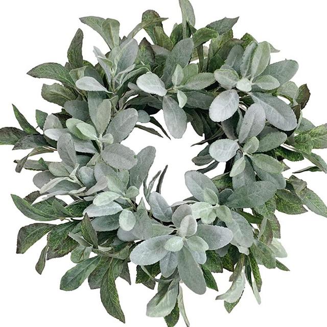 Huashen Flocked Lambs Ear Wreath, Year Round Everyday Foliage Wreath on Grapevine Base with Greenery Leaves for Front Door Wall Window Home Decor 22 inch